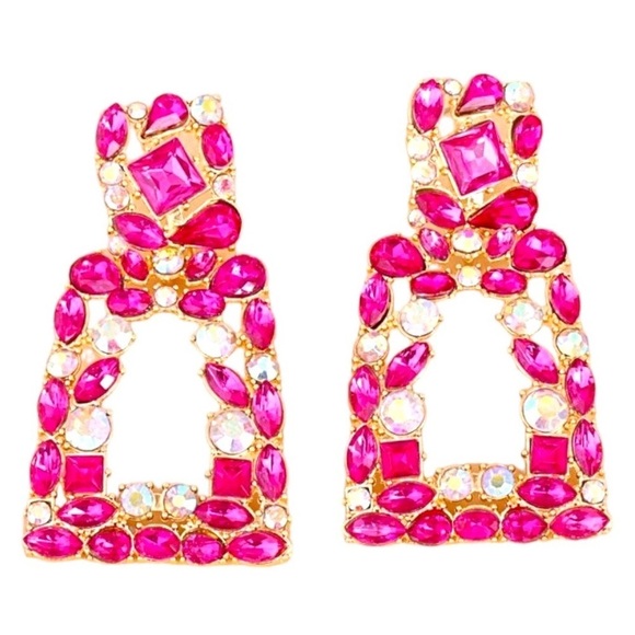 Pink Earrings Rhinestone Crystal Diamond Wedding Bridal Valentines Day Gift - Picture 1 of 5